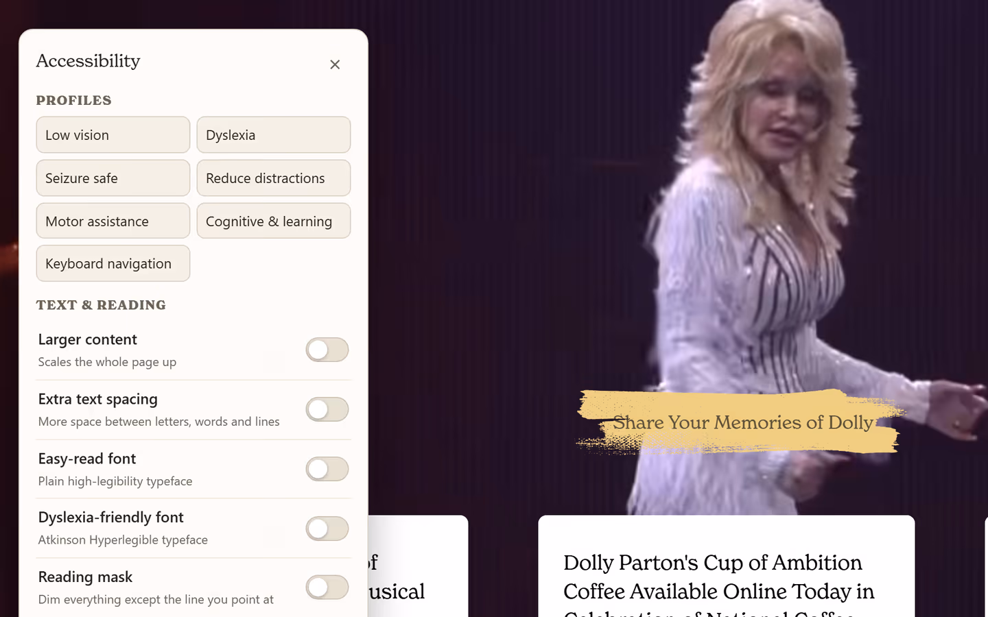 The dollyparton.com accessibility panel, with profiles and text and reading options