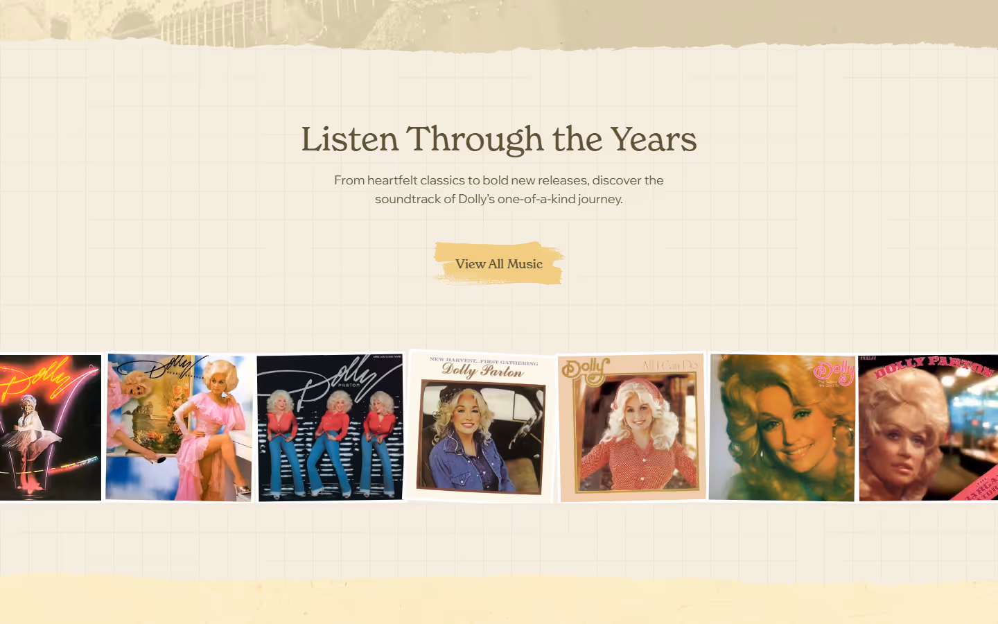 The Listen Through the Years section of dollyparton.com, with album covers from across Dolly Parton's career