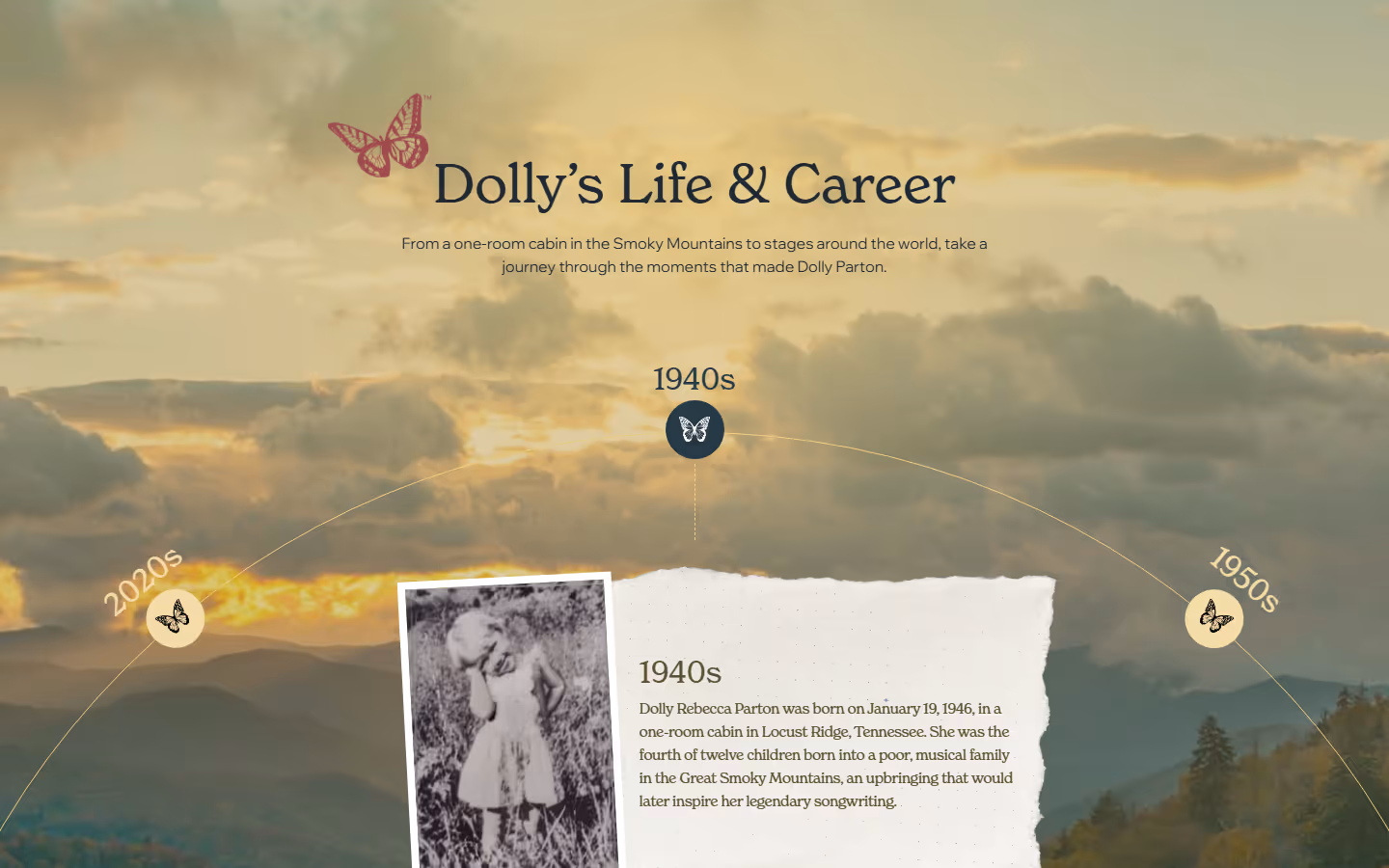 The Life & Career timeline on dollyparton.com, with decade markers arcing over a Smoky Mountain sunset