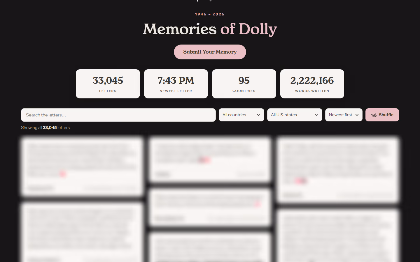 The Memories of Dolly wall, with live counters for letters, countries, and words written