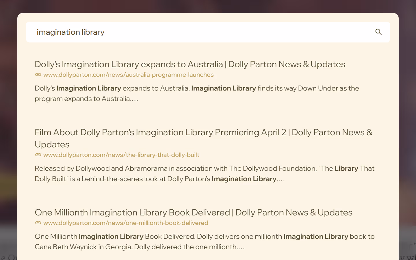 The dollyparton.com search panel showing results for Imagination Library
